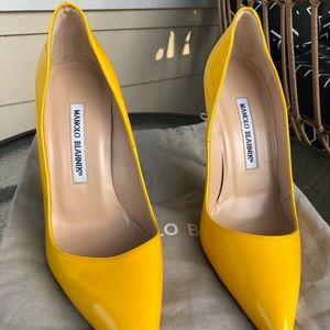 Manolo Blahnik Yellow Patent Leather Pumps, 36.5
